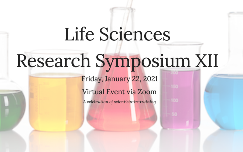 A faded image of beakers on a white background behind black text that reads, Life Sciences Research Symopsium XII/ Friday, January 22, 2021/ Virtual Event via Zoom/ A celebration of scientists-in-training