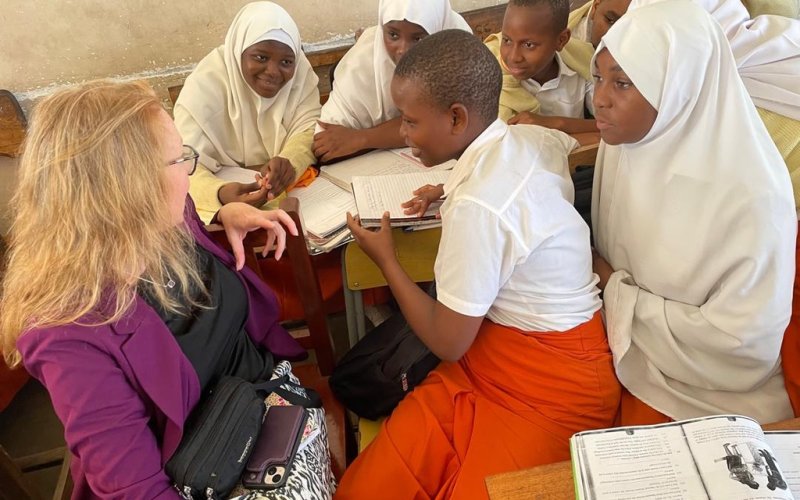 Angel Ford meets with a group of students inside a classroom on Pemba Island, Tanzania.