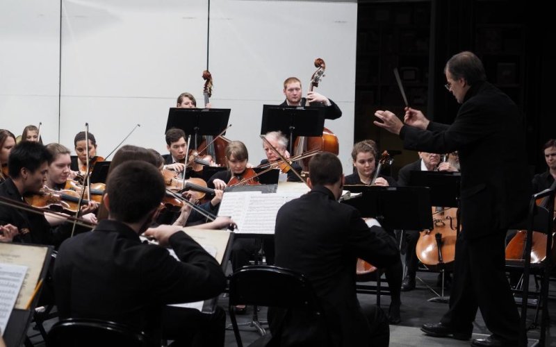 symphony orchestra plays on stage with conductor