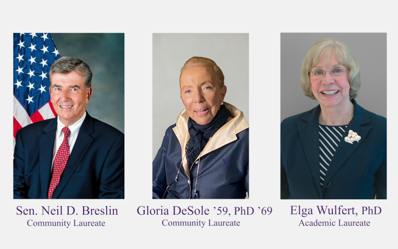 Composite image featuring portraits of the three laureates against a gray background. From left to right: Sen. Neil D. Breslin (Community Laureate), Gloria DeSole ’59, PhD ’69 (Community Laureate), and Elga Wulfert, PhD (Academic Laureate). Sen Breslin is wearing a dark blue suit and red tie, with and American flag behind him. Gloria DeSole is wearing a bark blue jacket with gold trim and a black scarf. Elga Wulfert is wearing a dark blue blazer and striped shirt. 