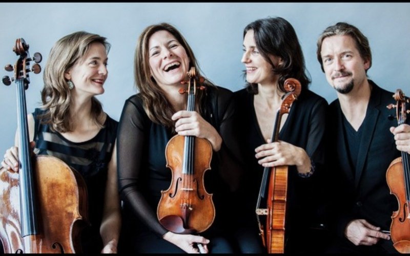 Four musicians pose with their string instruments.