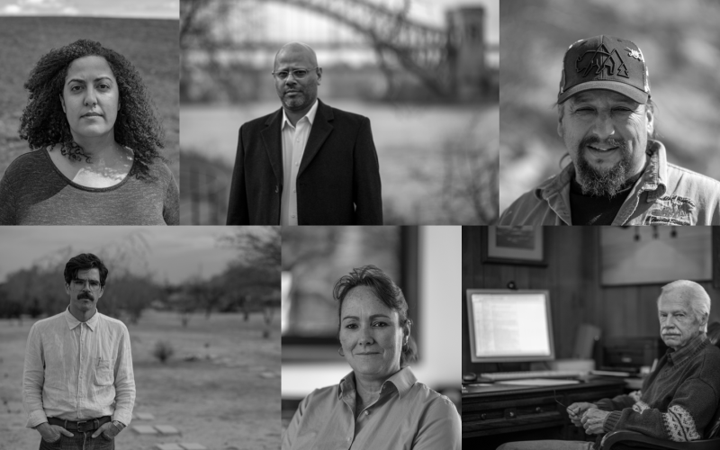 Composite image depicts six up-close portraits of American security workers in black and white.