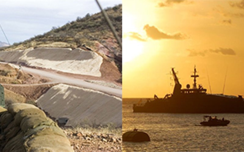 Public information campaigns may lessen the need for traditional border enforcement seen above: at left, a National Guardsman stands ready at the southwest U.S. border; at right, a migrant boat being intercepted by an Australian Navy ship near Australia's Christmas Island (photo by Kate Coddington).
