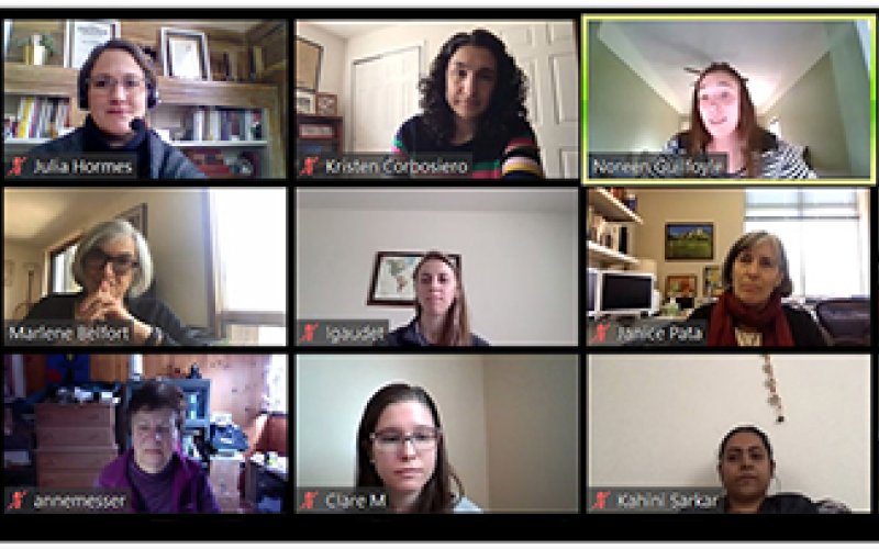 More than 20 participated in the WISH Essay Awards ceremony on Zoom. Shown here, top row, l to r, Irene Andrea, CAS assistant; Julia Hormes, associate professor, Psychology; Kristen Corbosiero, associate professor, DAES; Noreen Guilfoyle, prize winner; CAS Dean Jeanette Altirriba. Middle row: Mary Fucci, prize winner; Distinguished Professor Marlene Belfort; Lauriana Gaudet, prize winner; Janice Pata, associate professor, Biomedical Science; Elga Wulfert, professor, Psychology. Bottom row: Rebecca Orrison, 