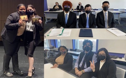 Three photos show students in facemasks, two holding award placques and the others seated at desks.