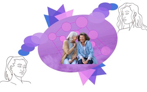 A graphic depicts two women laughing and collaboratively imagining.