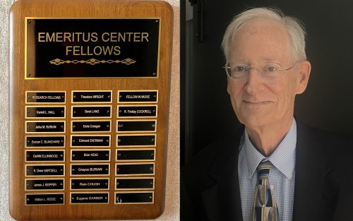 A plaque listing Emeritus Center fellow next to a photo of Lindsay Childs