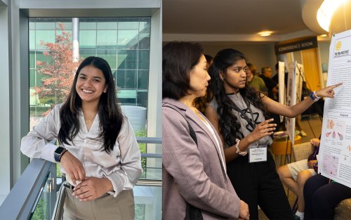 This image contains two photographs, one of each student. At left a young woman with long brown hair smiles, leaning against a railing, as she poses for a portrait in a light filled atrium. At right, a young woman with long dark brown hair points to a poster, speaking to a woman in a lavender blazer.