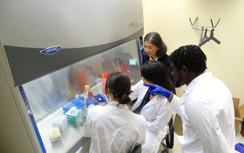 Three people wearing white lab coats (two women and one man) gather around a lab bench protected by a glass hood. A women wearing a navy blazer looks on. The lab bench contains test tubes, petri dishes and other plastic containers for biology research.