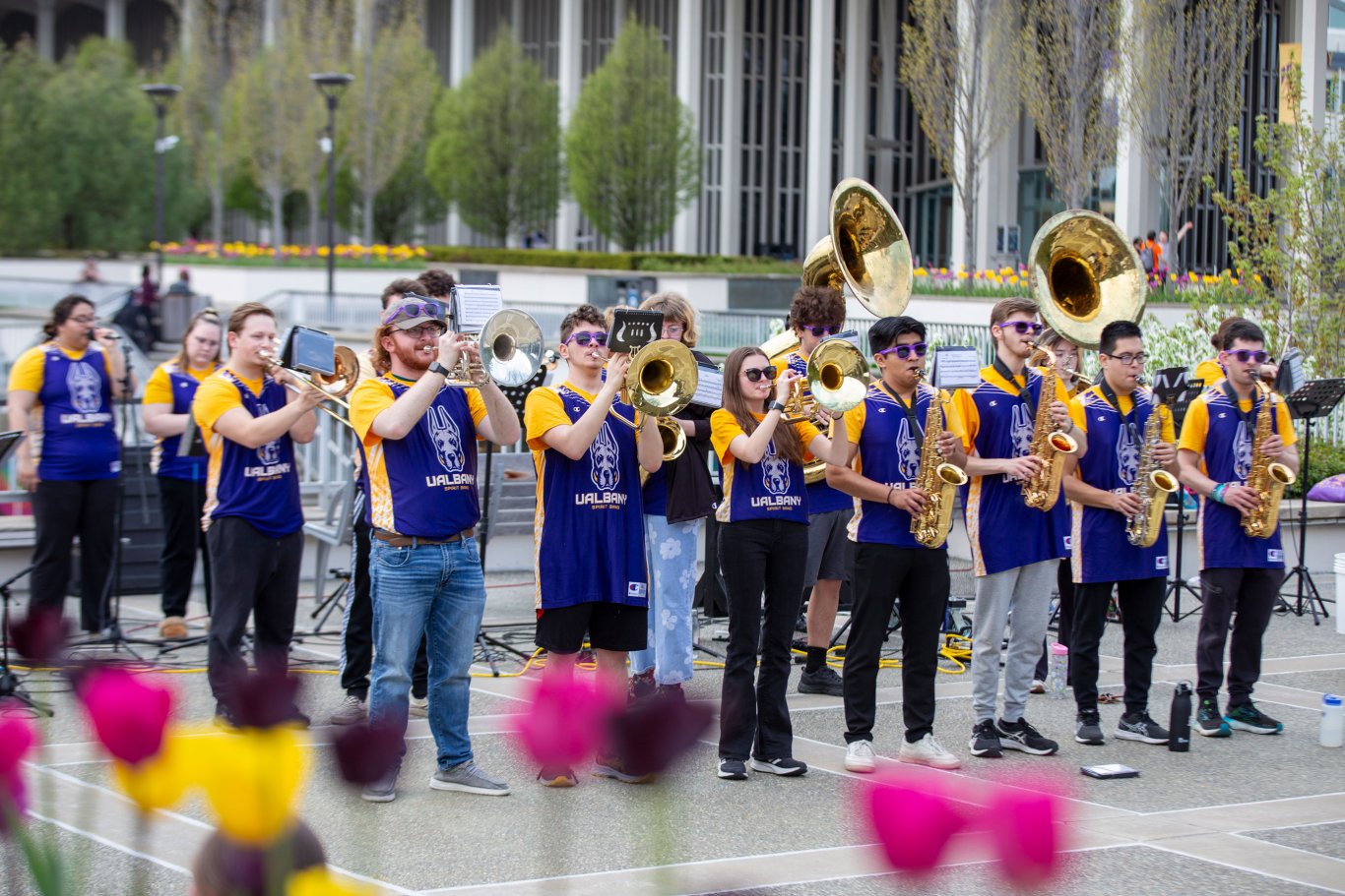 The UAlbany Marching Band plays outdoors on the Academic Podium at UAlbany Showcase. Purple and yellow tulips are visible in the foreground.