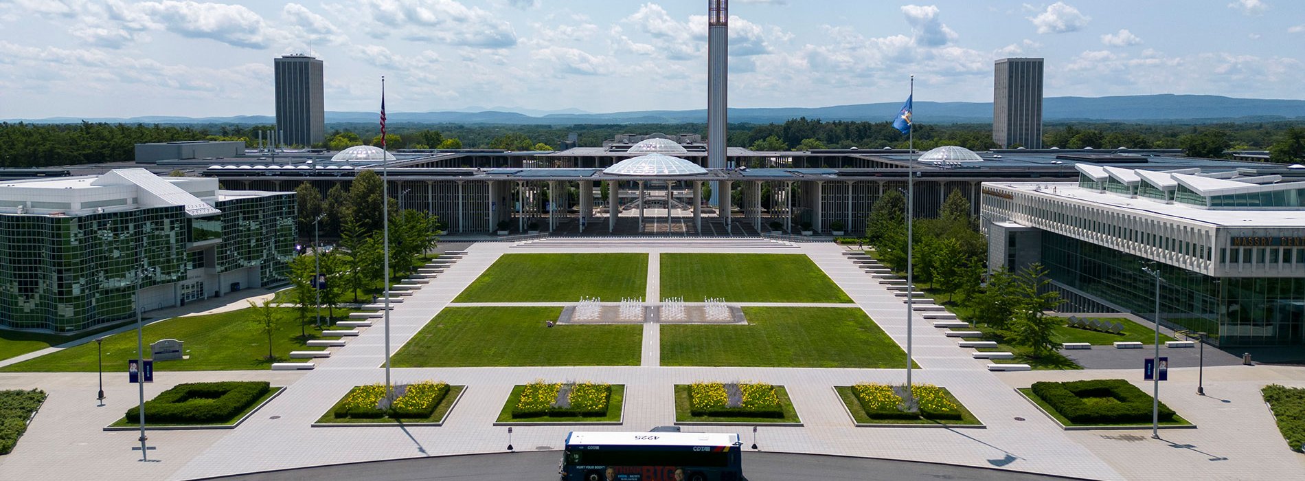 Aerial view of campus entrance