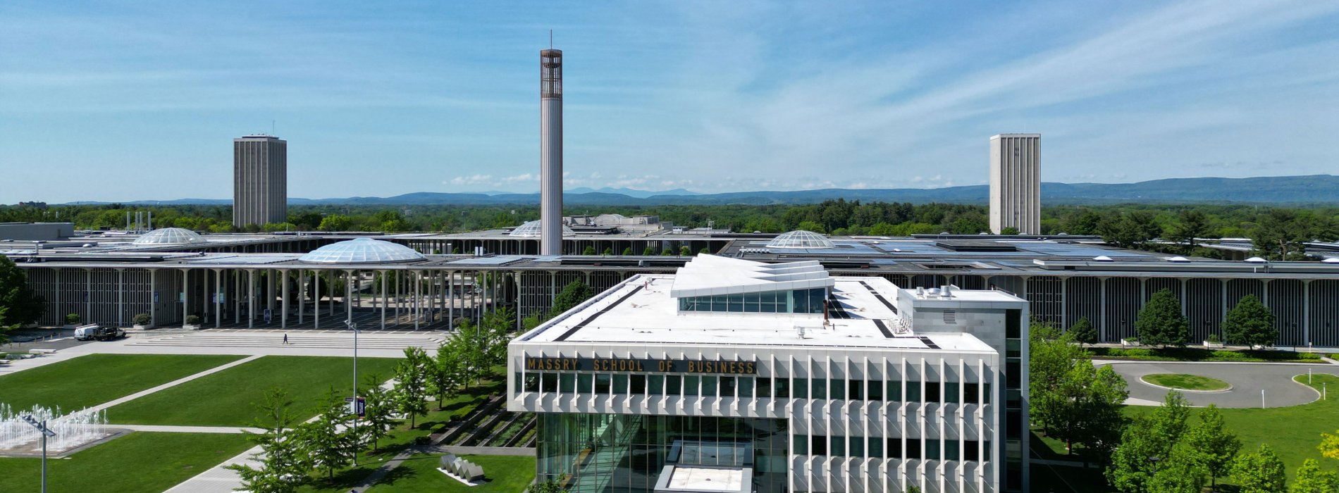 The UAlbany's Uptown Campus, as seen from a drone on a clear and sunny day.