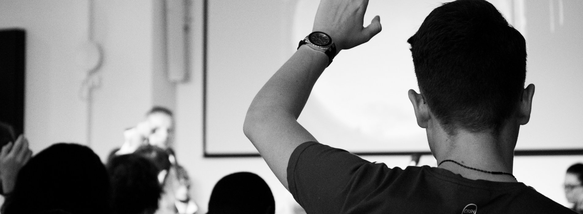 A student raises his hand in a classroom.