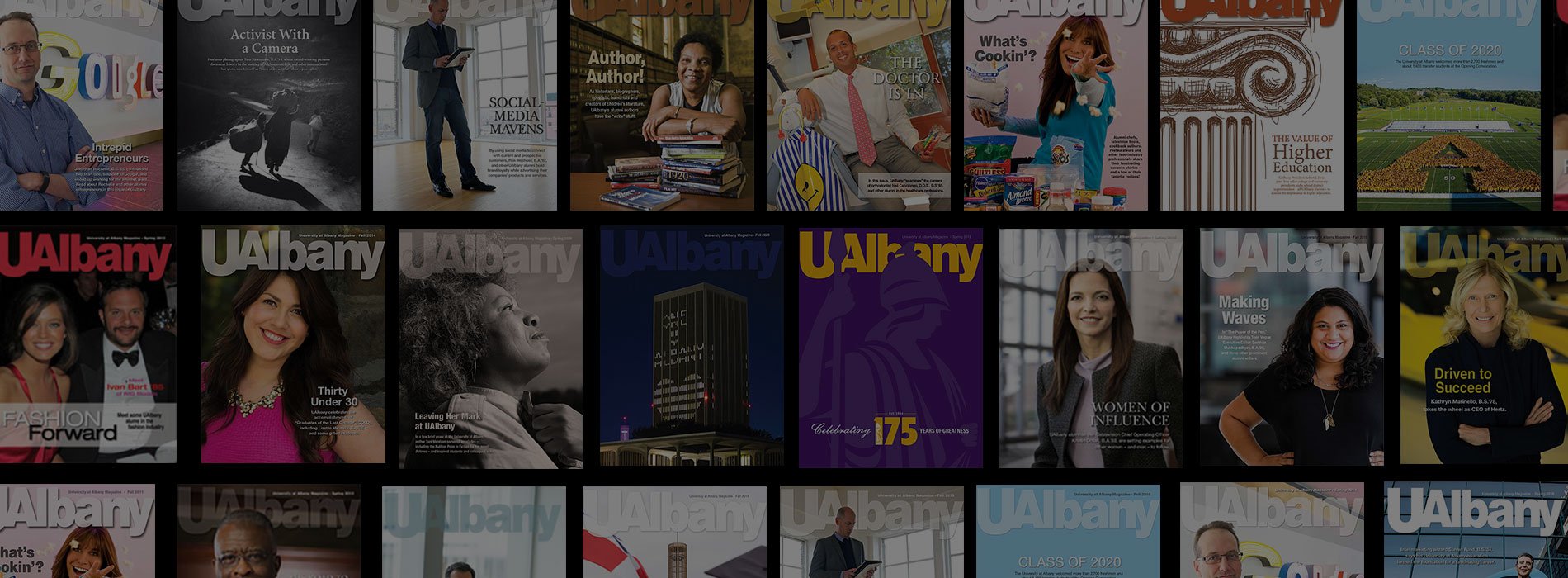 Covers of past UAlbany Magazine Issues